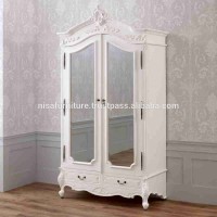 French White Provincial Furniture Antique Style Armoire With Two Mirrors wardrobe Indonesia Mahogany